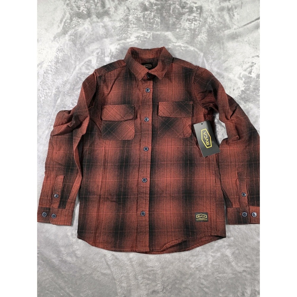 NWT RVCA DayShift Flannel Plaid Shirt Youth Boy's Small Maroon Plaid Long Sleeve